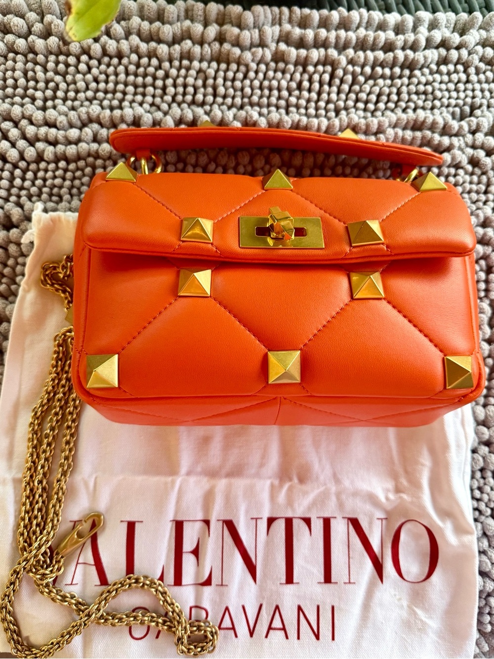 Valentino Orange Quilted Leather Shoulder Bag with Gold Pyramid Studs